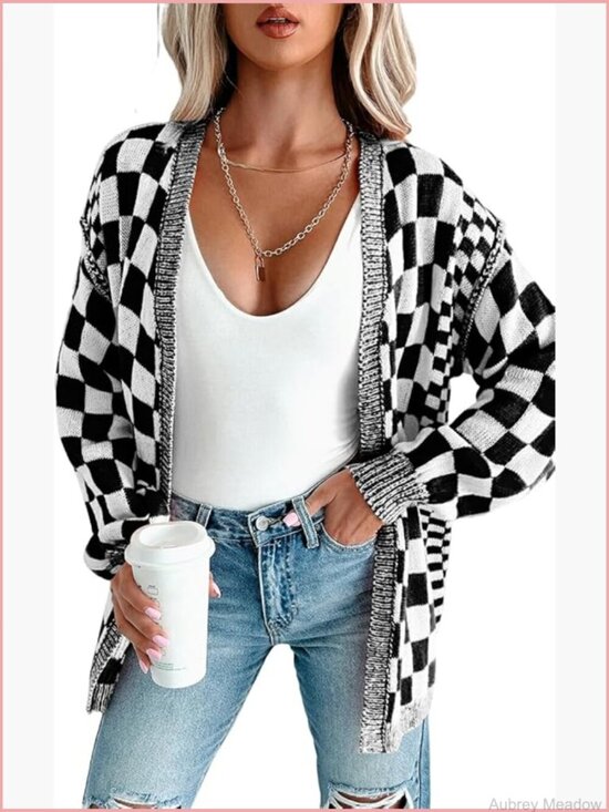 Sweaters - Womens Casual Fall Cardigan Sweater Open Front Chunky Knit Checkered Outwear